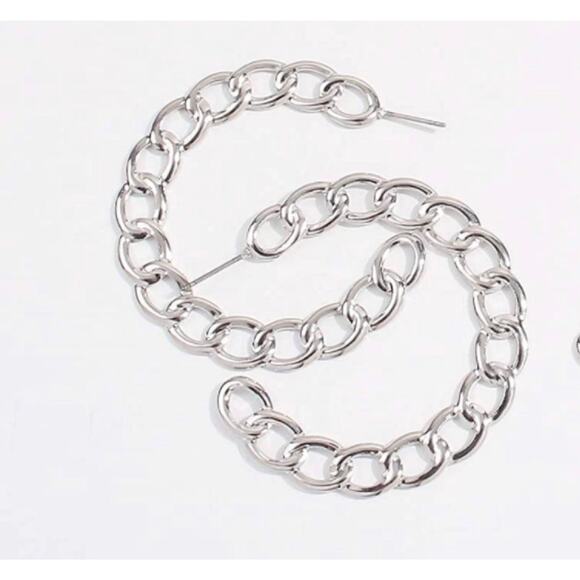 Chain link Silver Earrings Hoops - Picture 2 of 3